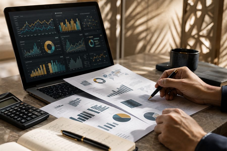 Analytical reports, charts, and a dashboard screen being reviewed in warm desert light.