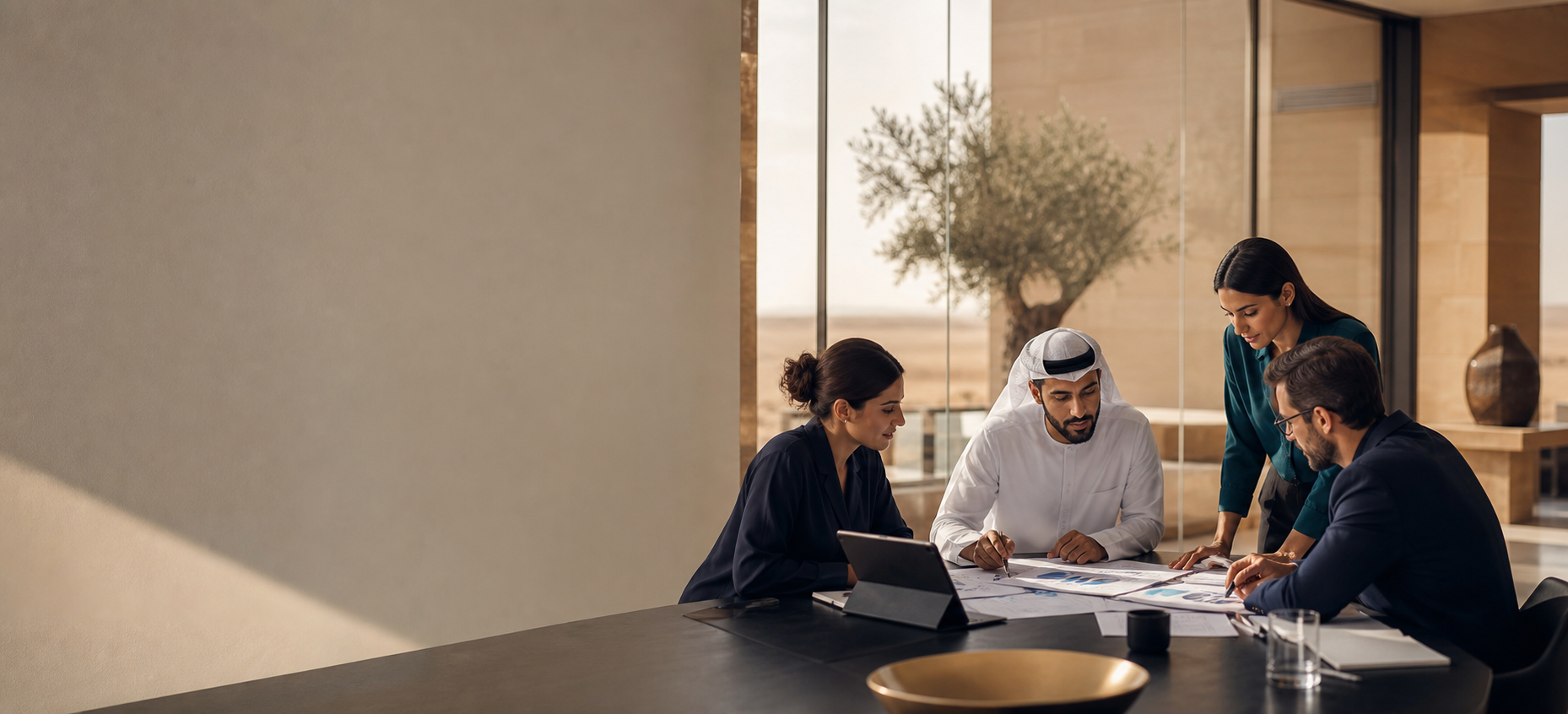 International research and advisory team reviewing evidence in warm UAE desert light.